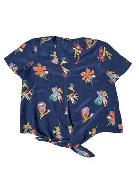 Madewell Medium Navy Short Sleeve Silk Novel Tie-Front Top in Bird of Paradise